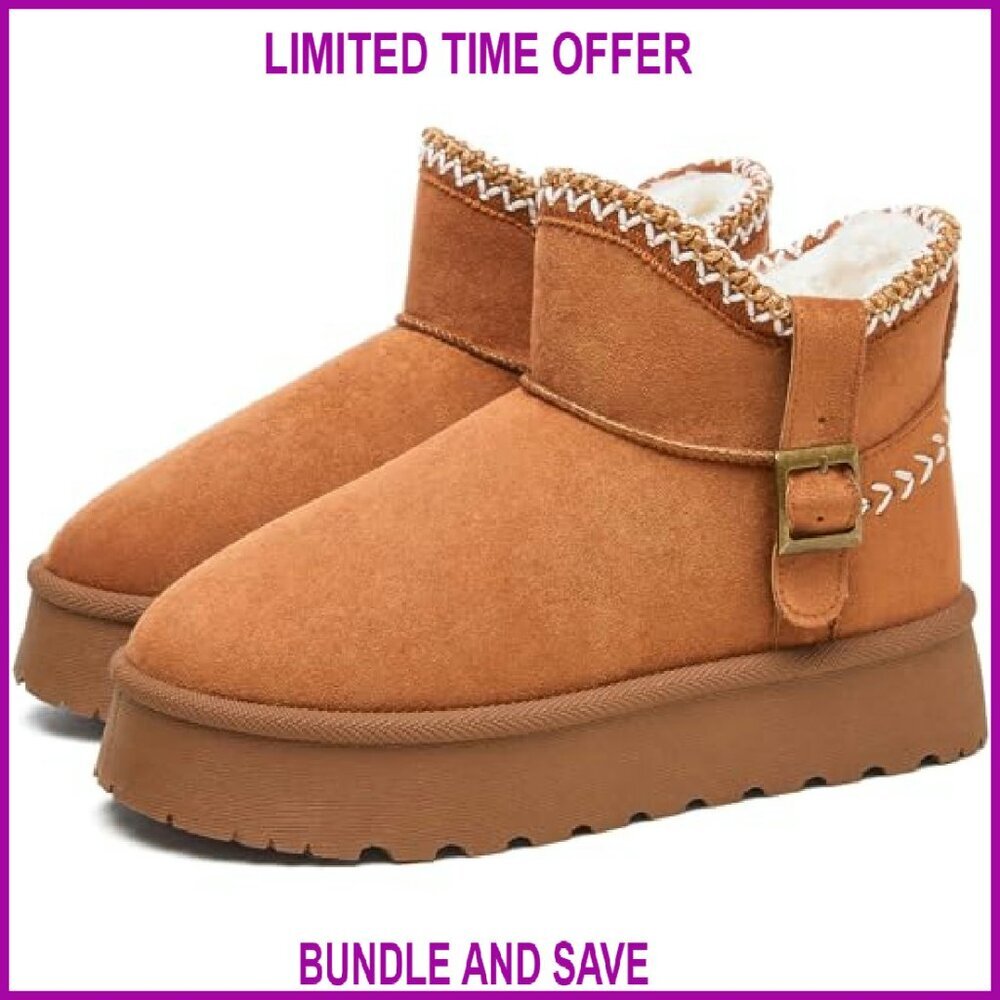Waterproof Snow Boots Women's Fur Lined Ankle Boots Platform Non-Slip Winter - Picture 2 of 8
